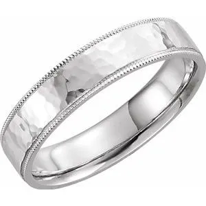 14K White 5 mm Flat Band with Hammer Finish & Milgrain  Size 9