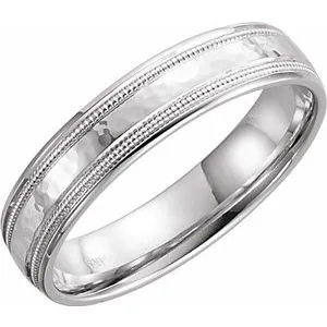 14K White 5 mm Flat Edge Band with Hammer Finish & Milgrain Size 10