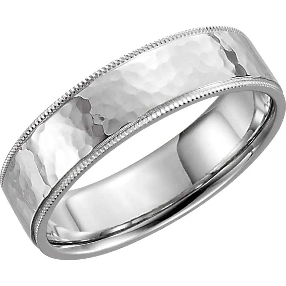 14k White Gold 6mm Flat Comfort Fit Milgrain Hammer Finish Band Size 11