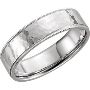 14k White Gold 6mm Flat Comfort Fit Milgrain Hammer Finish Band Size 11