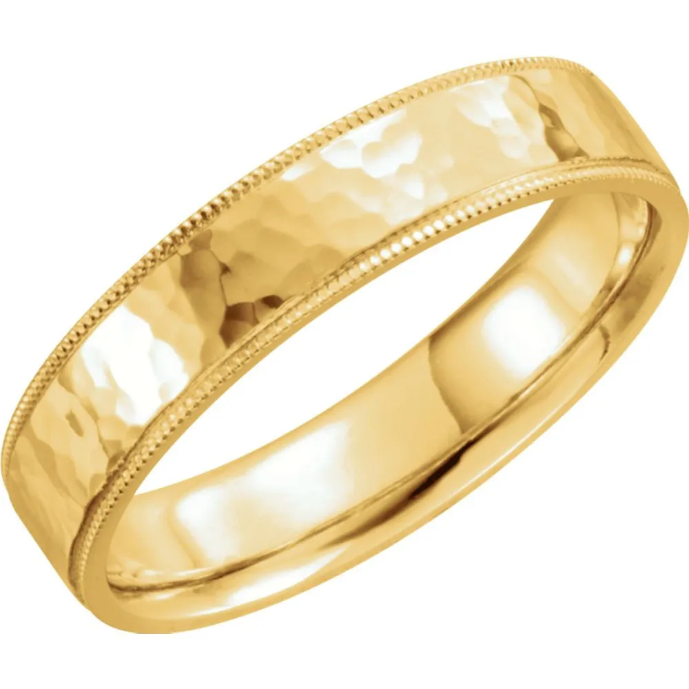 14k Yellow Gold 5mm Flat Comfort Fit Milgrain Hammer Finish Band Size 11