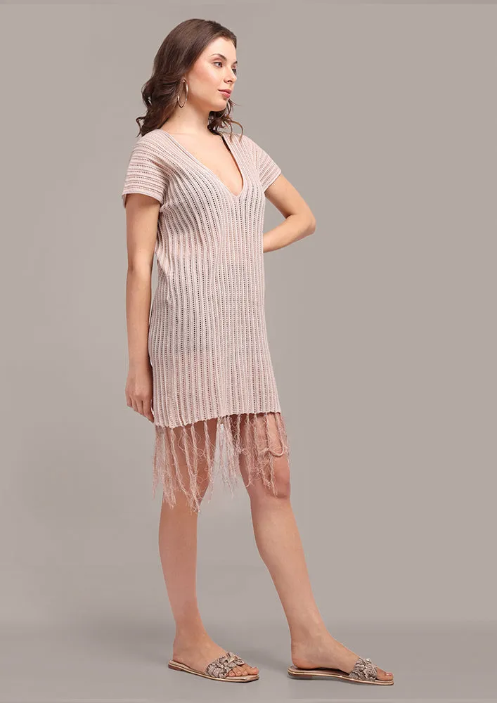 Beige V-Neck Fringe Hem Cover Up Dress