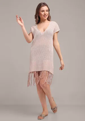 Beige V-Neck Fringe Hem Cover Up Dress