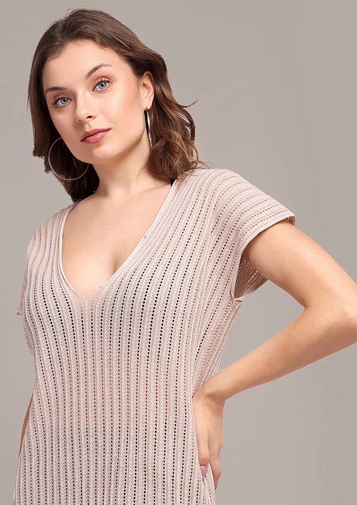 Beige V-Neck Fringe Hem Cover Up Dress