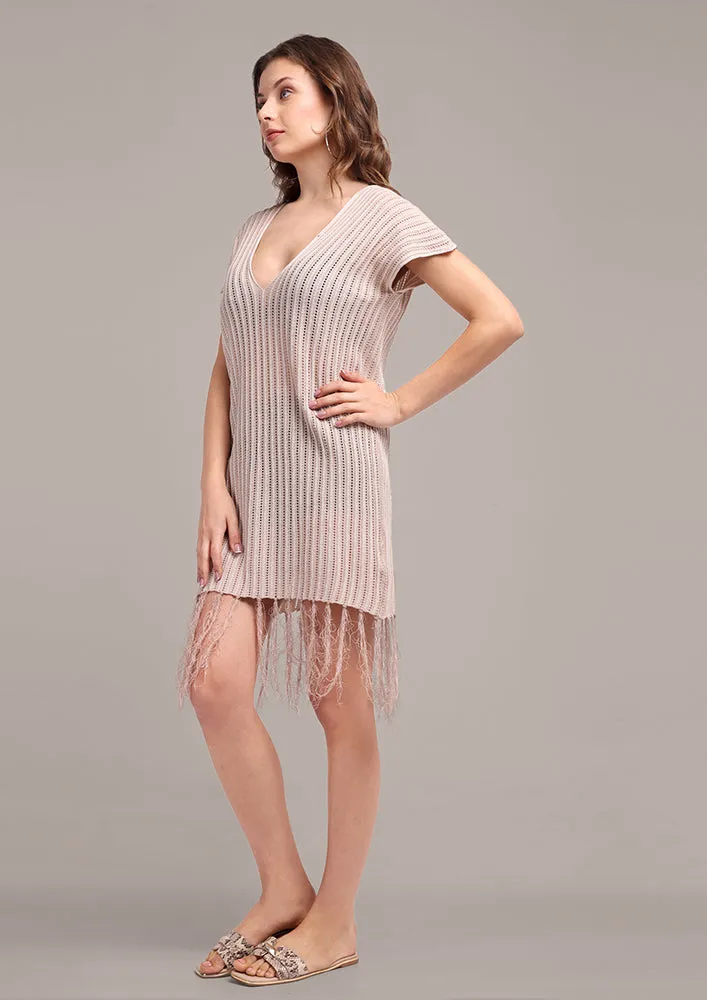 Beige V-Neck Fringe Hem Cover Up Dress