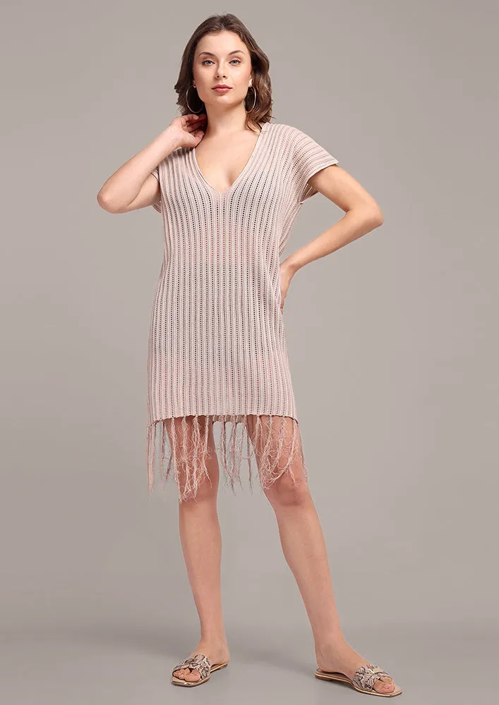 Beige V-Neck Fringe Hem Cover Up Dress