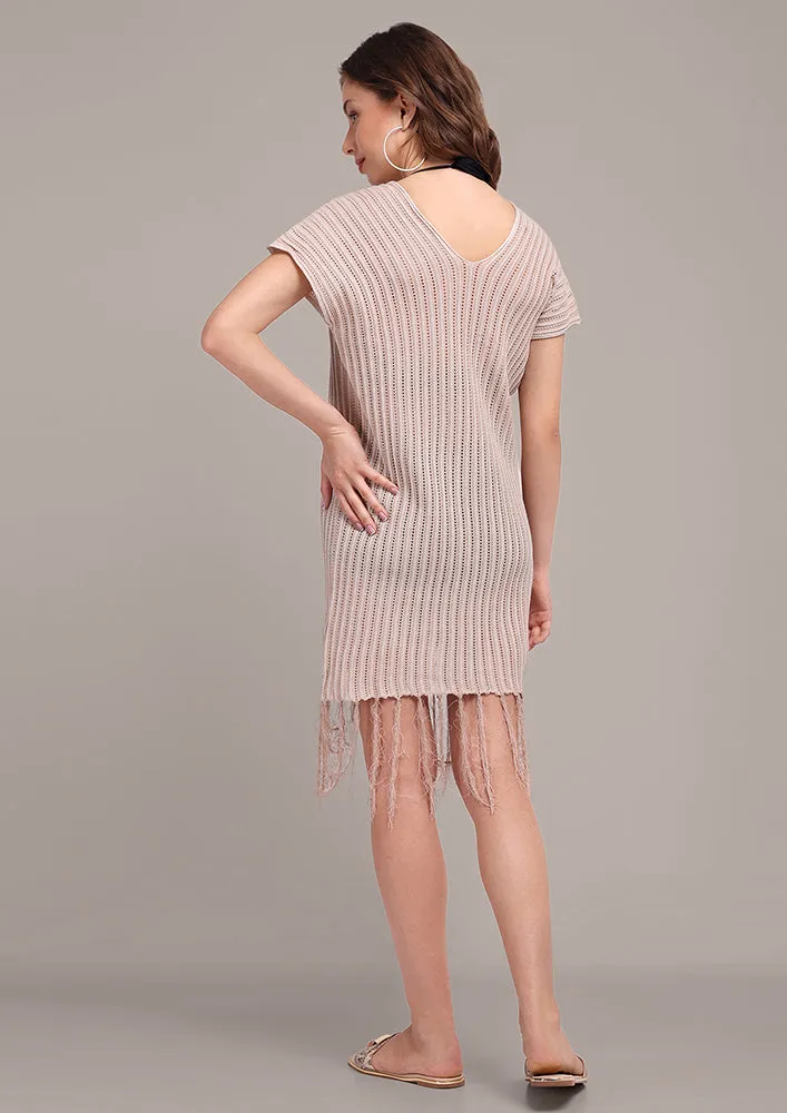 Beige V-Neck Fringe Hem Cover Up Dress