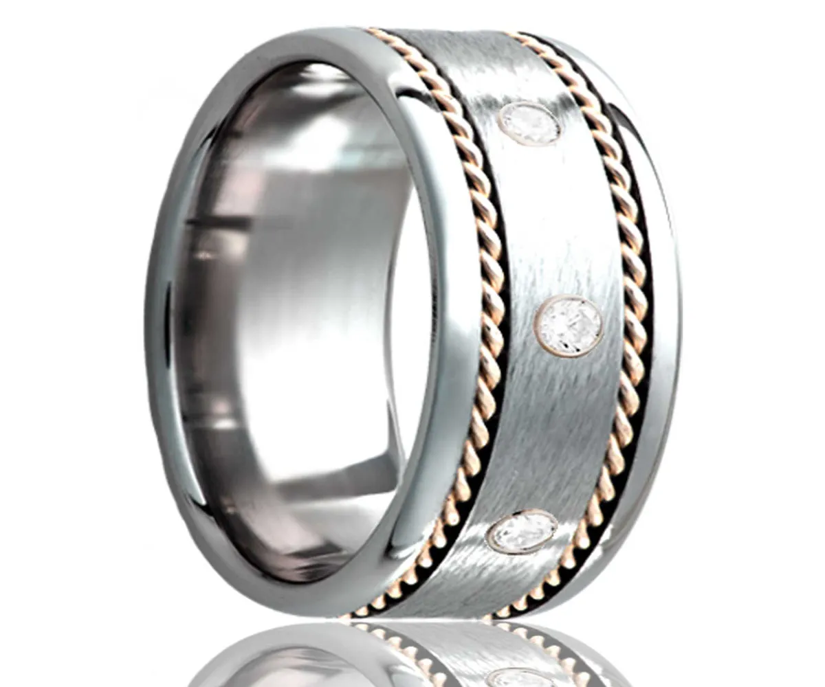 Cobalt Diamond Satin Finish with Woven Yellow Gold Ring