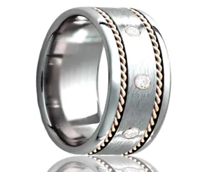 Cobalt Diamond Satin Finish with Woven Yellow Gold Ring