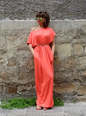 Coral Maxi Dress, Loose Beach Cover Up, Coral Dress with Pockets, Off The Shoulder Summer Dress, Colorful Long Women Dress