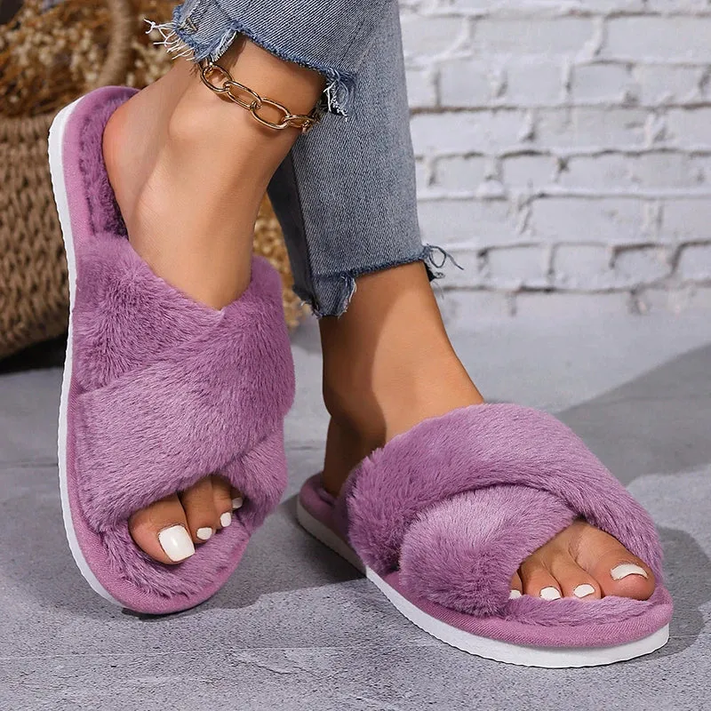 Cross Warm Fluffy Furry Slippers Women – Lightweight Flat Heels, Fur Slides, Autumn Winter Open Toe Non-Slip Home Floor Shoes