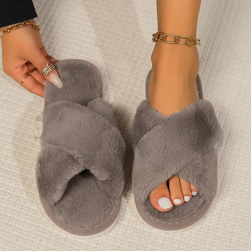 Cross Warm Fluffy Furry Slippers Women – Lightweight Flat Heels, Fur Slides, Autumn Winter Open Toe Non-Slip Home Floor Shoes