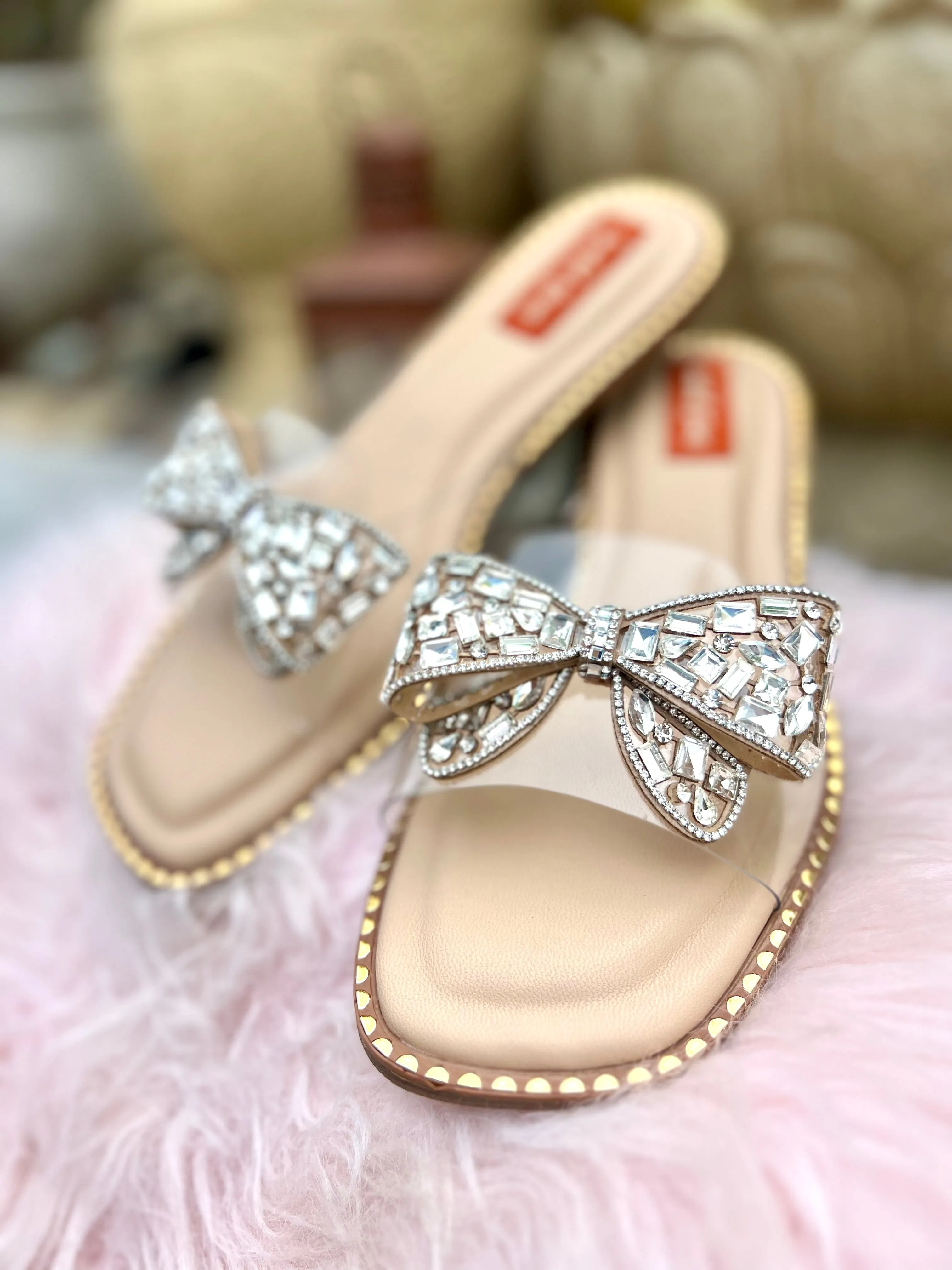 Crystal Bow Embellished Nude Flats