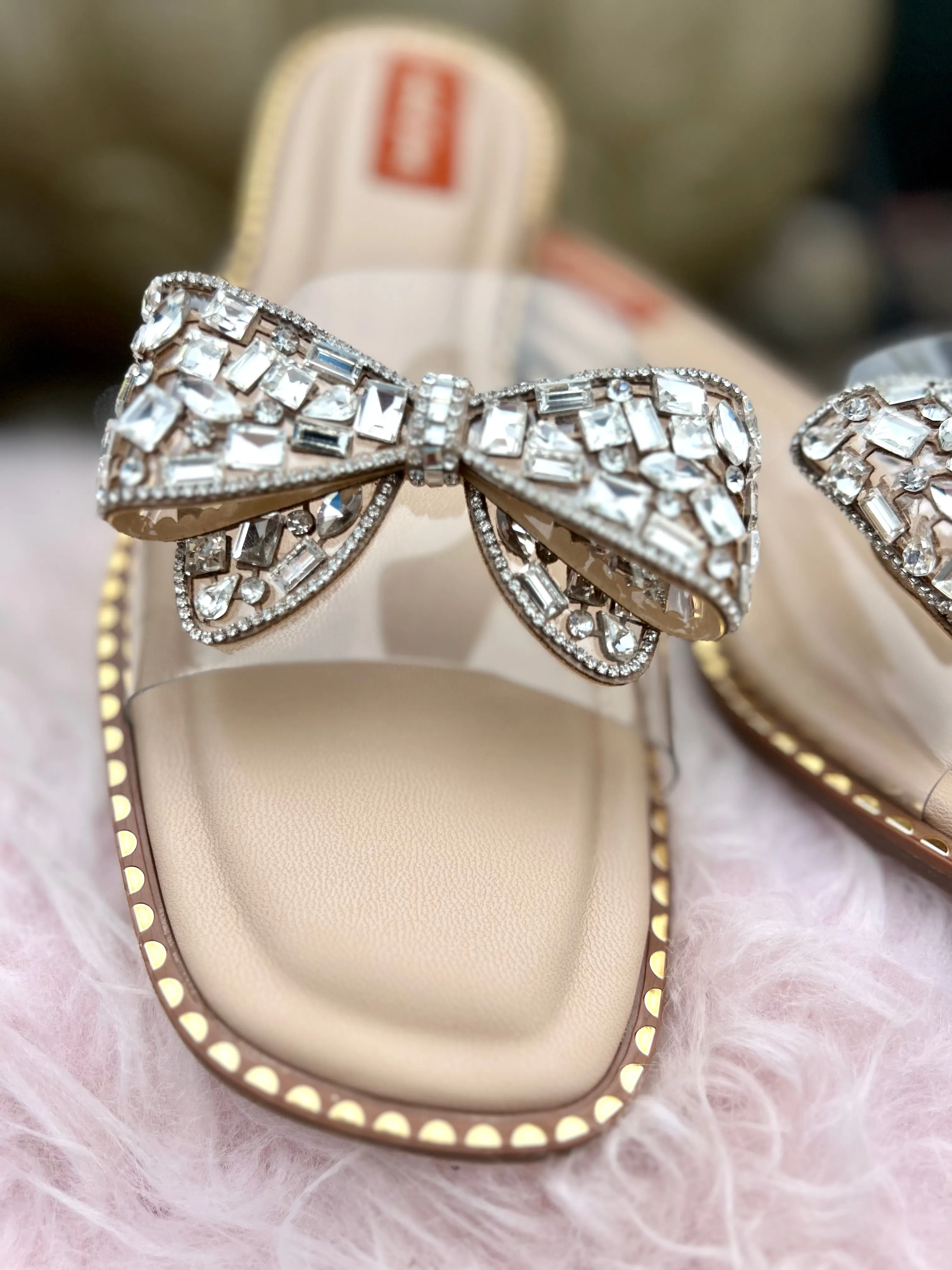 Crystal Bow Embellished Nude Flats