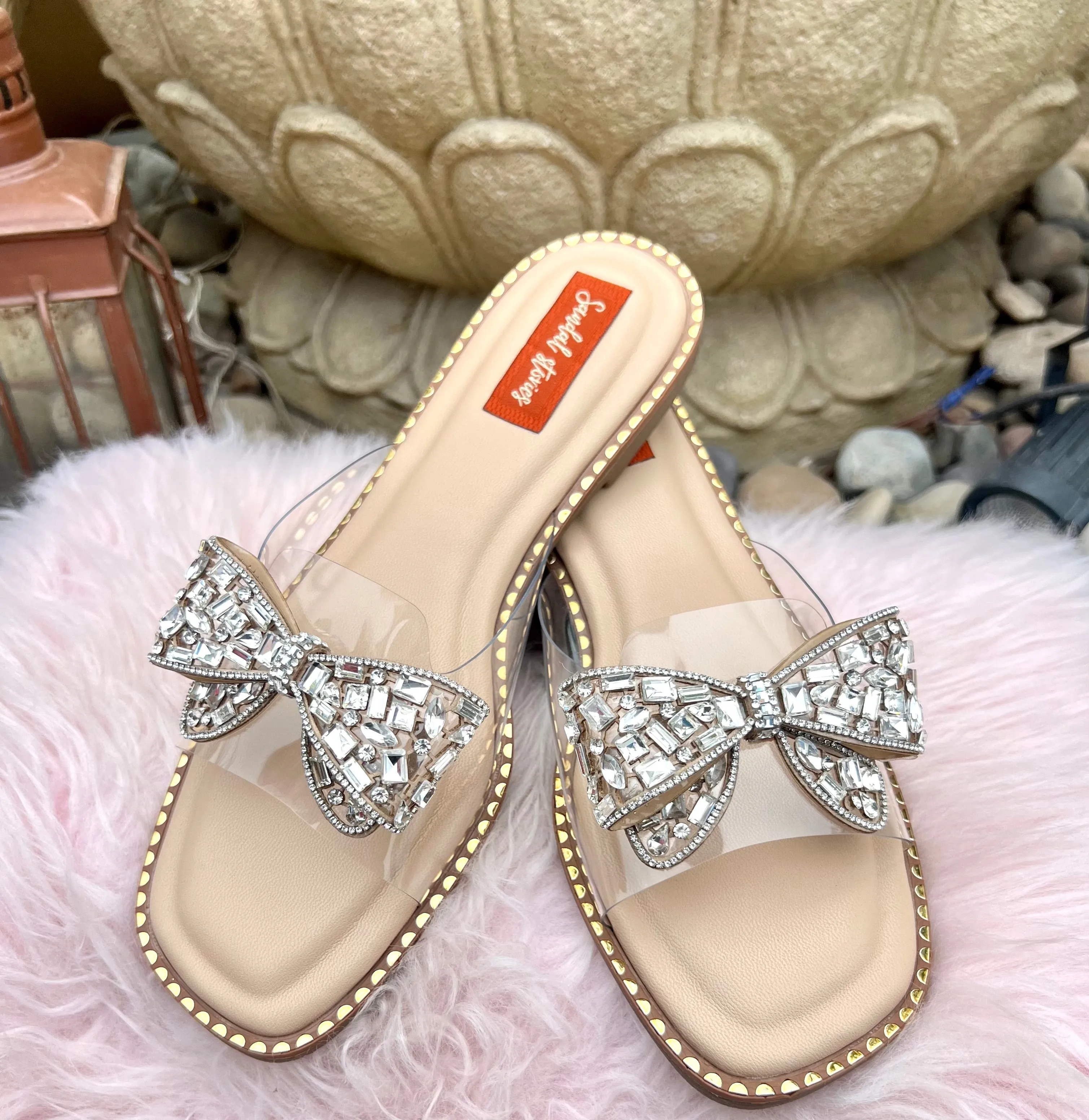 Crystal Bow Embellished Nude Flats