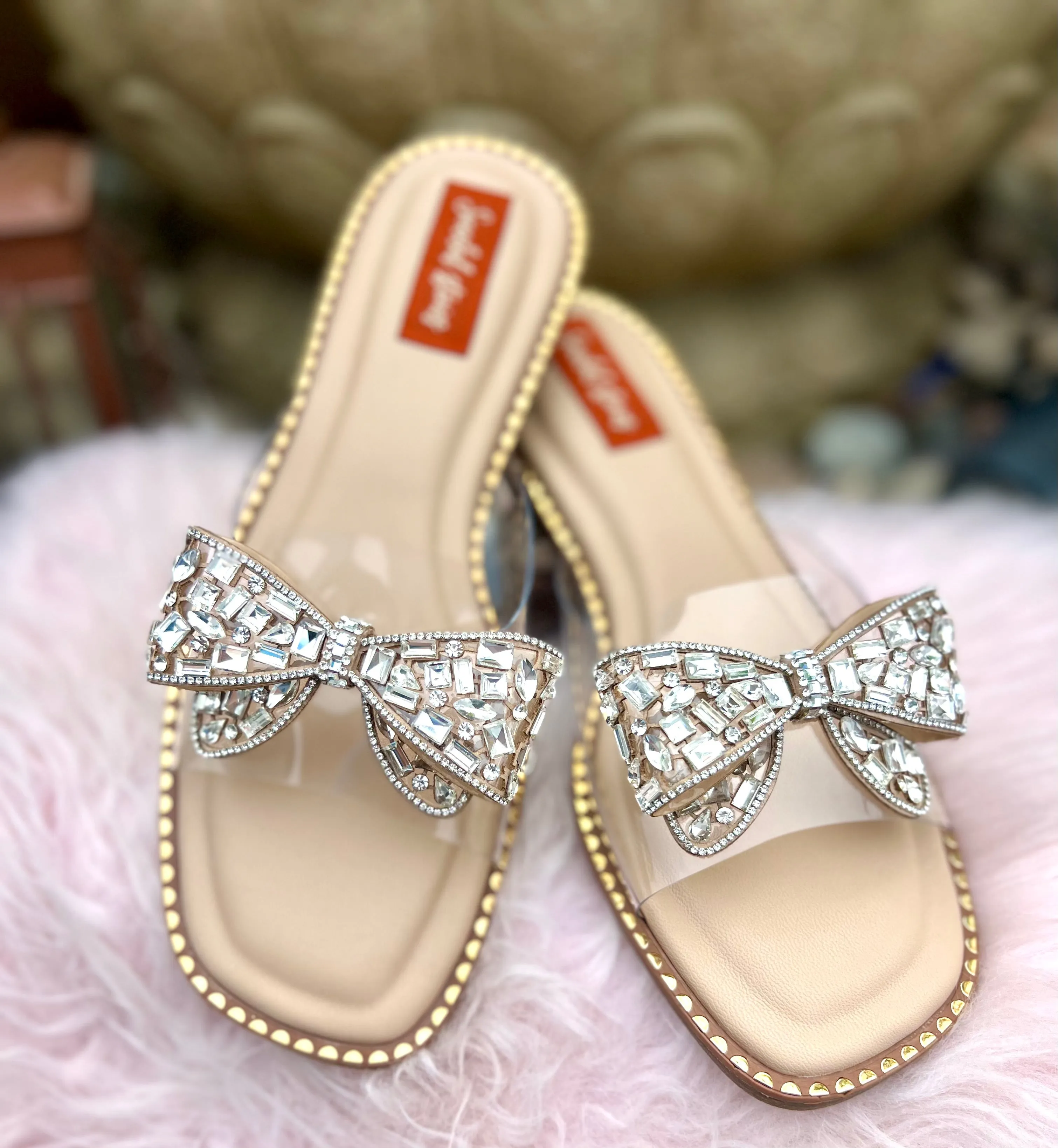 Crystal Bow Embellished Nude Flats