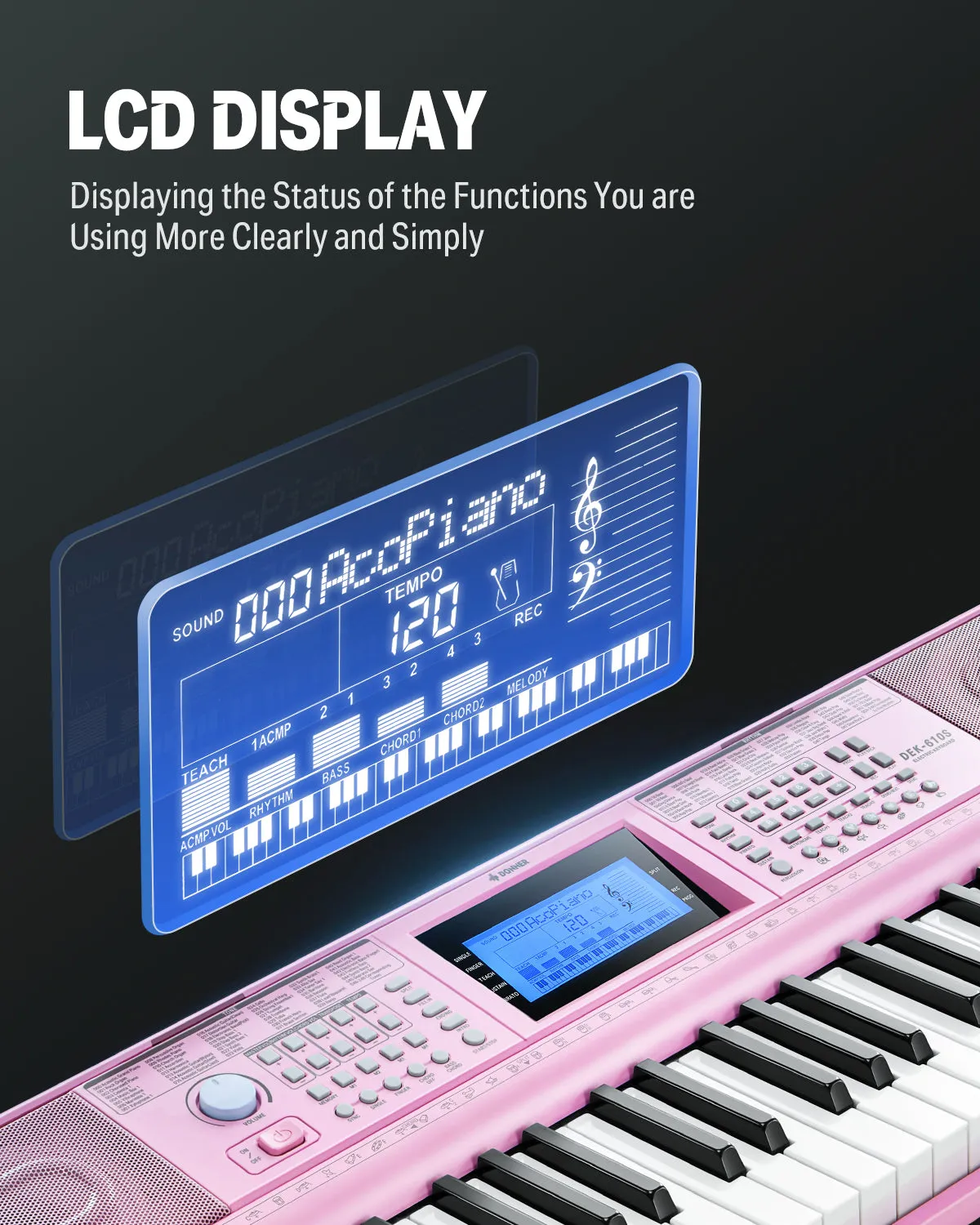 Donner DEK-610s Portable Piano Keyboard 61 Keys for Beginner with keyboard stand, bench, music stand, microphone, adapter