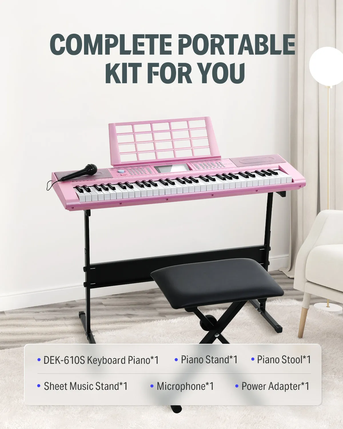 Donner DEK-610s Portable Piano Keyboard 61 Keys for Beginner with keyboard stand, bench, music stand, microphone, adapter
