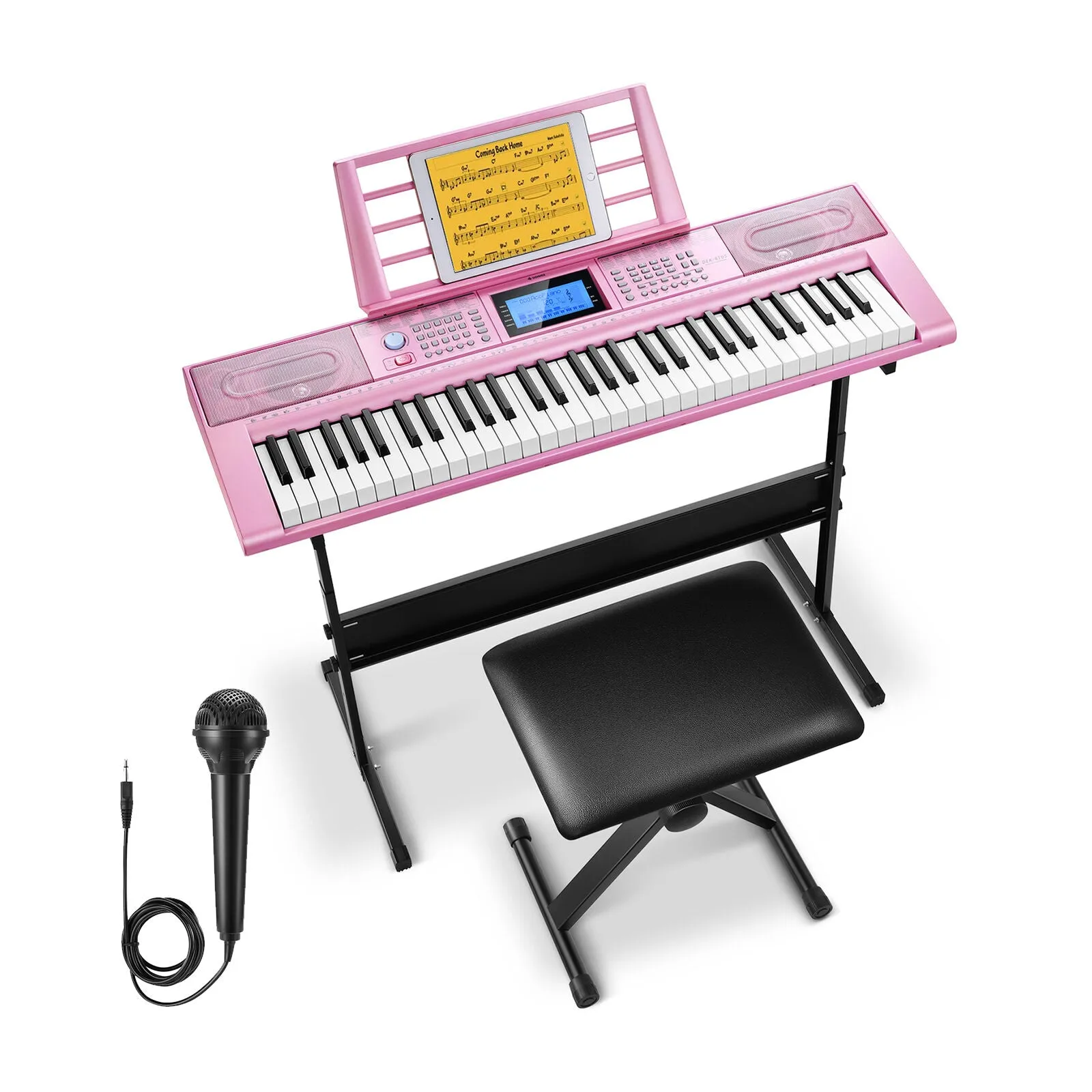 Donner DEK-610s Portable Piano Keyboard 61 Keys for Beginner with keyboard stand, bench, music stand, microphone, adapter