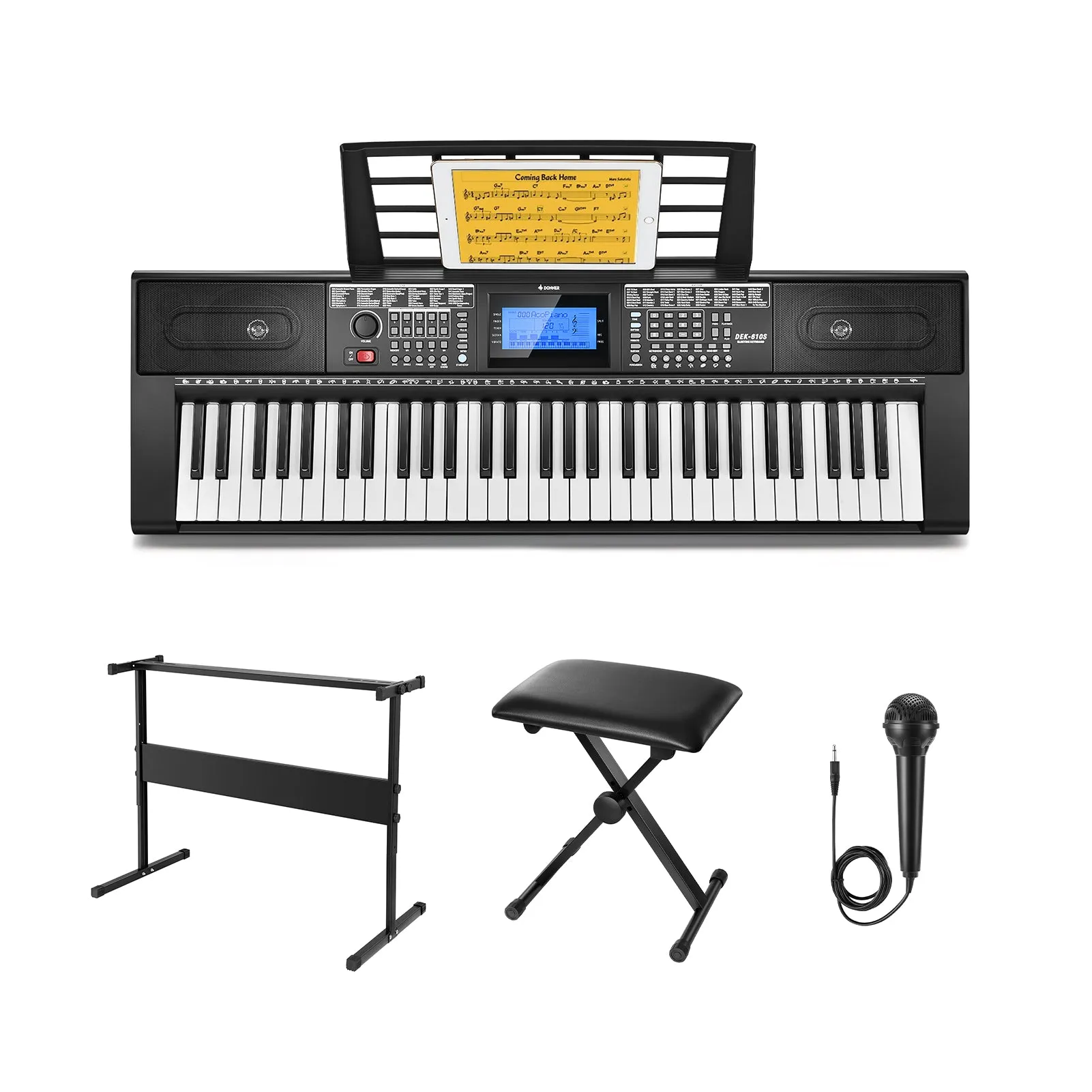 Donner DEK-610s Portable Piano Keyboard 61 Keys for Beginner with keyboard stand, bench, music stand, microphone, adapter