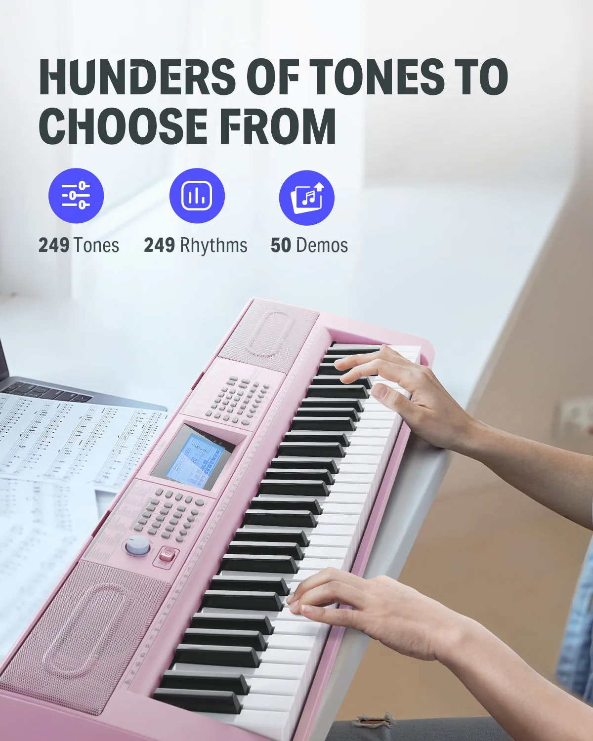 Donner DEK-610s Portable Piano Keyboard 61 Keys for Beginner with keyboard stand, bench, music stand, microphone, adapter