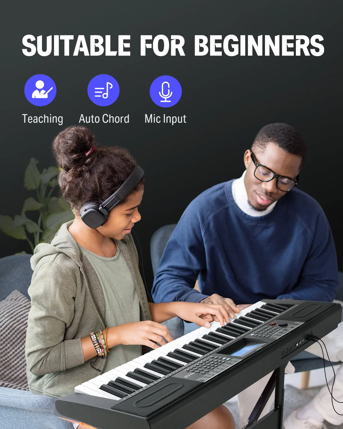 Donner DEK-610s Portable Piano Keyboard 61 Keys for Beginner with keyboard stand, bench, music stand, microphone, adapter