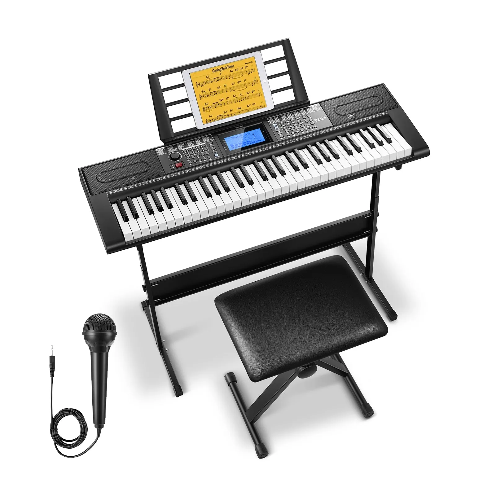 Donner DEK-610s Portable Piano Keyboard 61 Keys for Beginner with keyboard stand, bench, music stand, microphone, adapter