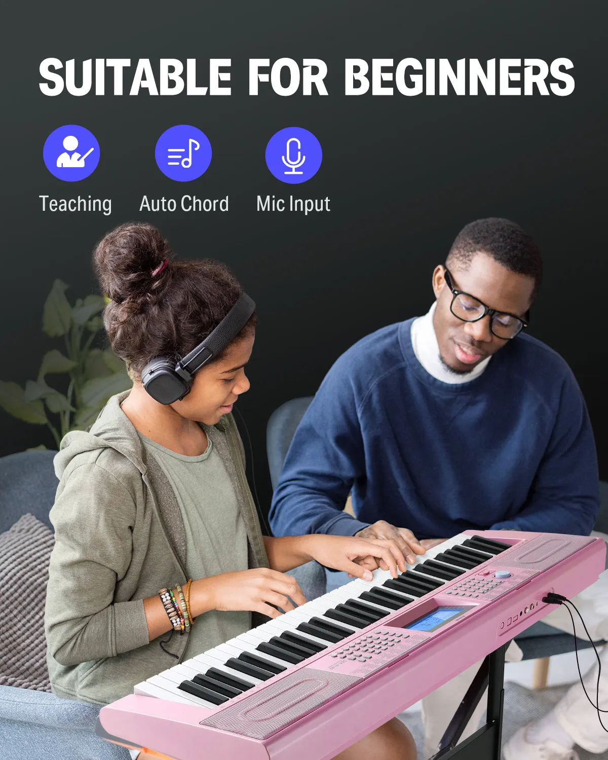 Donner DEK-610s Portable Piano Keyboard 61 Keys for Beginner with keyboard stand, bench, music stand, microphone, adapter