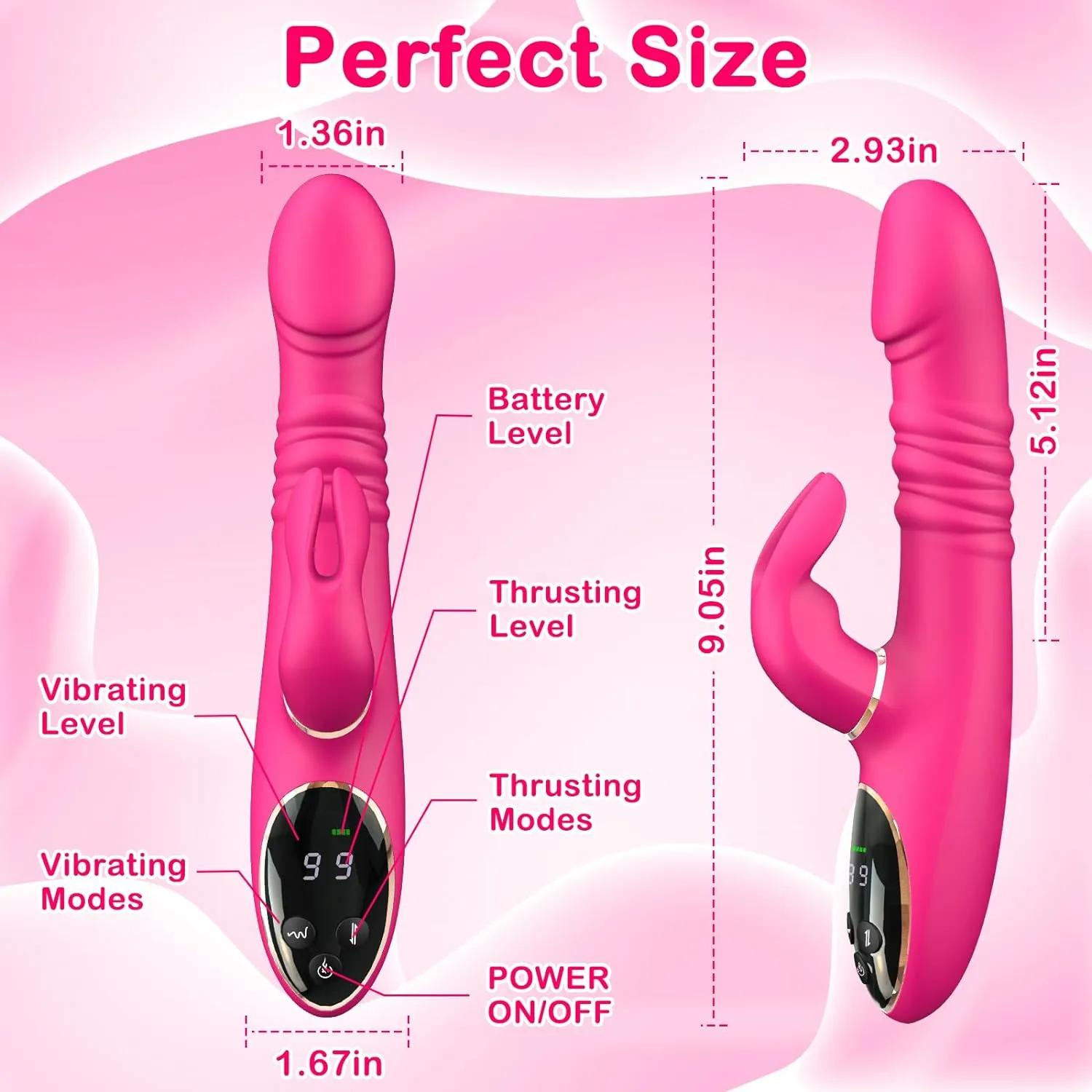 Dual Glow 9 Thrusting & 9 Vibrating Modes Rabbit Vibrator On-Screen Display