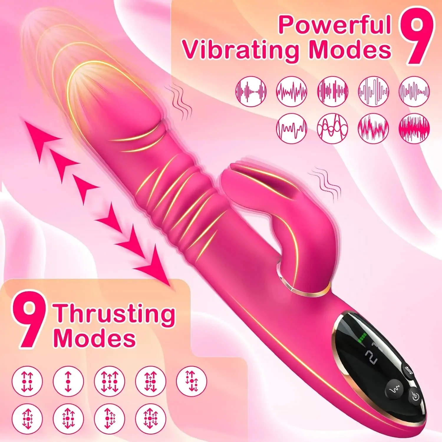 Dual Glow 9 Thrusting & 9 Vibrating Modes Rabbit Vibrator On-Screen Display