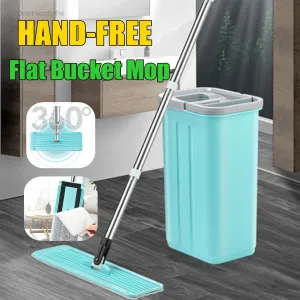Flat Mop Squeeze Bucket Hand Free Wringing Floor Cleaning Microfiber Mop Pads Wet Dry Usage on Hardwood Laminate Tile