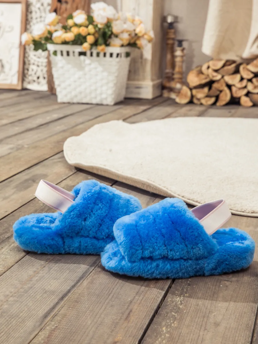 Fluffy Soft Wool Snug Slipper Sandals - Azure
