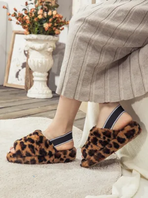 Fluffy Soft Wool Snug Slipper Sandals - Leopard