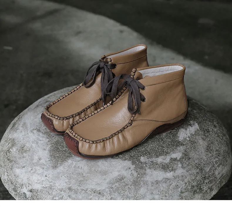 Genuine Leather Round Toe Hand-stitched Ankle Boots All-match Comfortable Women's Shoes