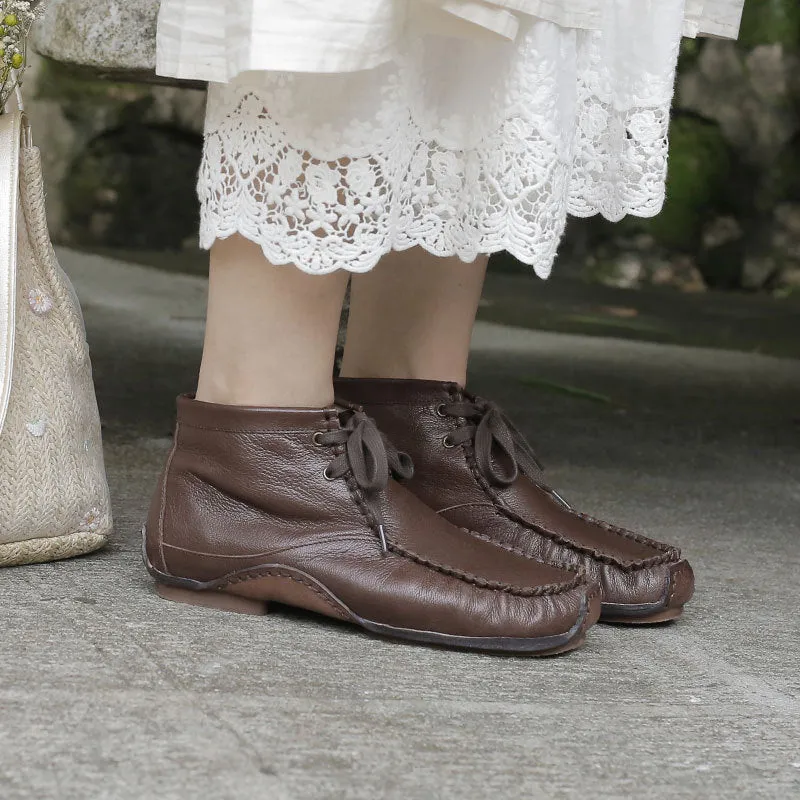 Genuine Leather Round Toe Hand-stitched Ankle Boots All-match Comfortable Women's Shoes