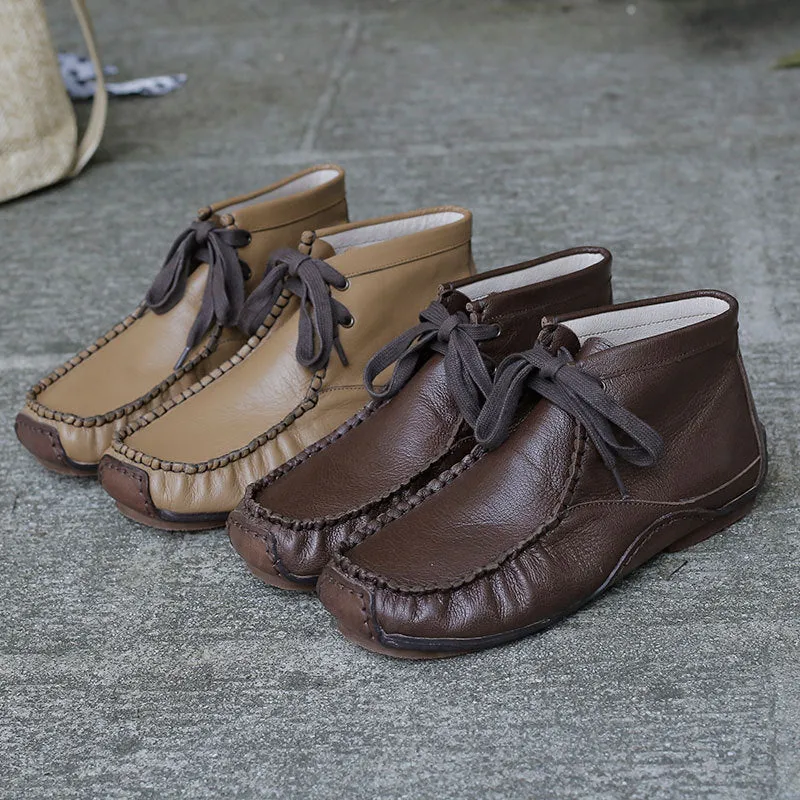 Genuine Leather Round Toe Hand-stitched Ankle Boots All-match Comfortable Women's Shoes