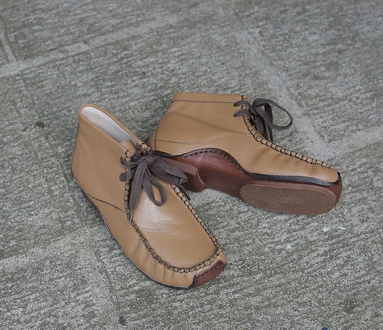Genuine Leather Round Toe Hand-stitched Ankle Boots All-match Comfortable Women's Shoes