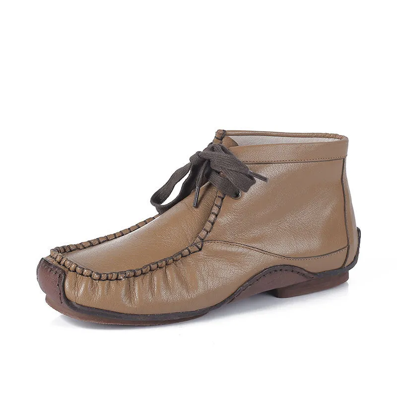 Genuine Leather Round Toe Hand-stitched Ankle Boots All-match Comfortable Women's Shoes