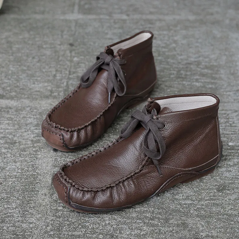Genuine Leather Round Toe Hand-stitched Ankle Boots All-match Comfortable Women's Shoes