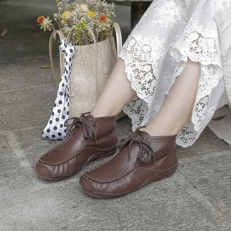 Genuine Leather Round Toe Hand-stitched Ankle Boots All-match Comfortable Women's Shoes