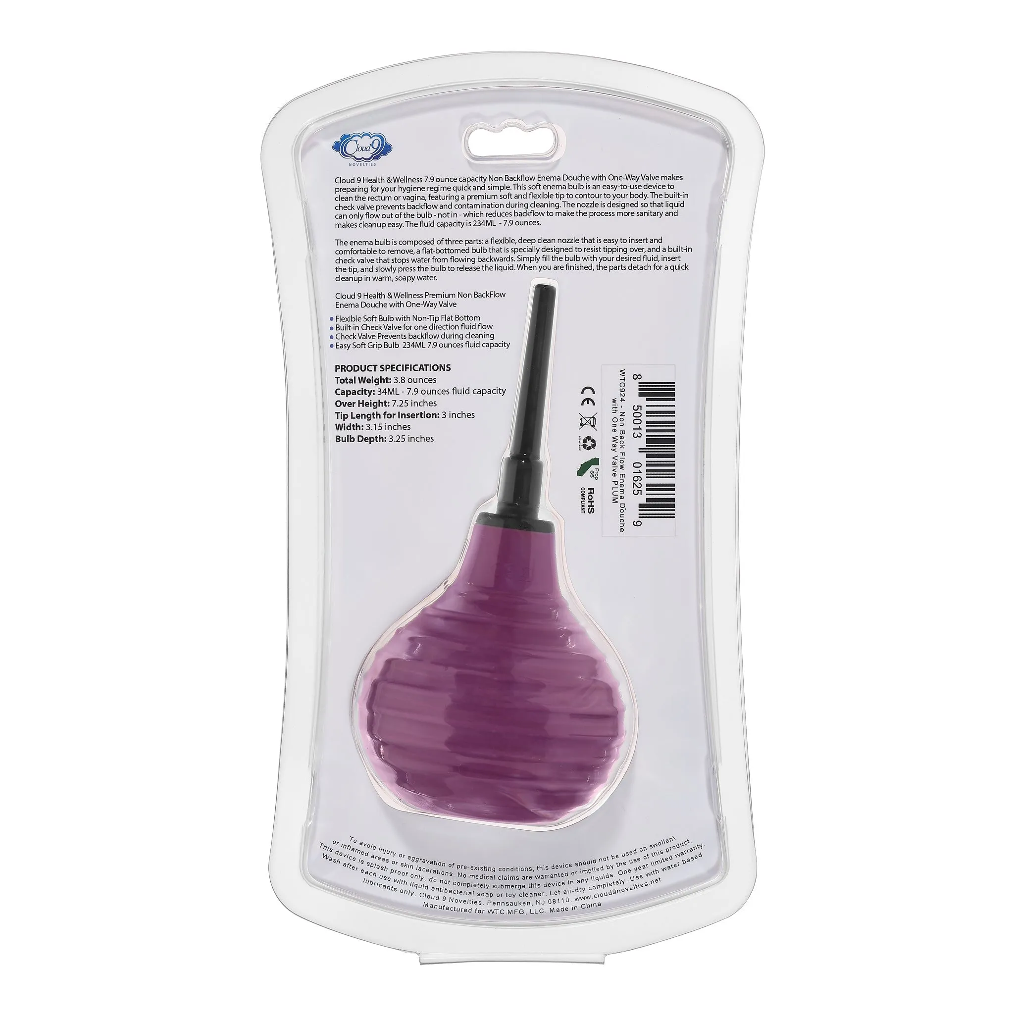 Health and Wellness Deluxe Enema Douche Non- Backflow One-Way Valve -  7.9 Fl. Oz. - Plum