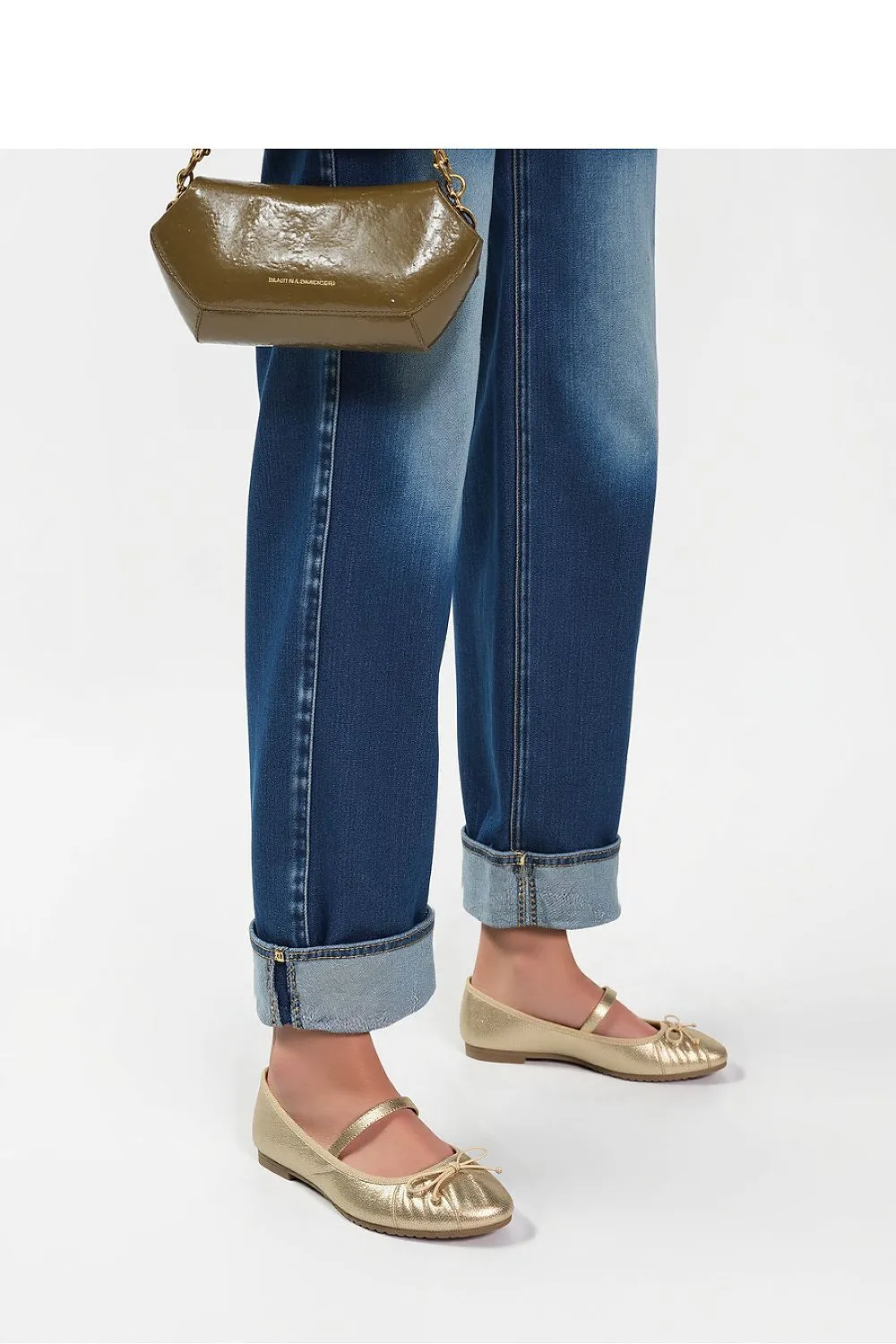 Inello Gold Ballet Flats with Bow & Strap