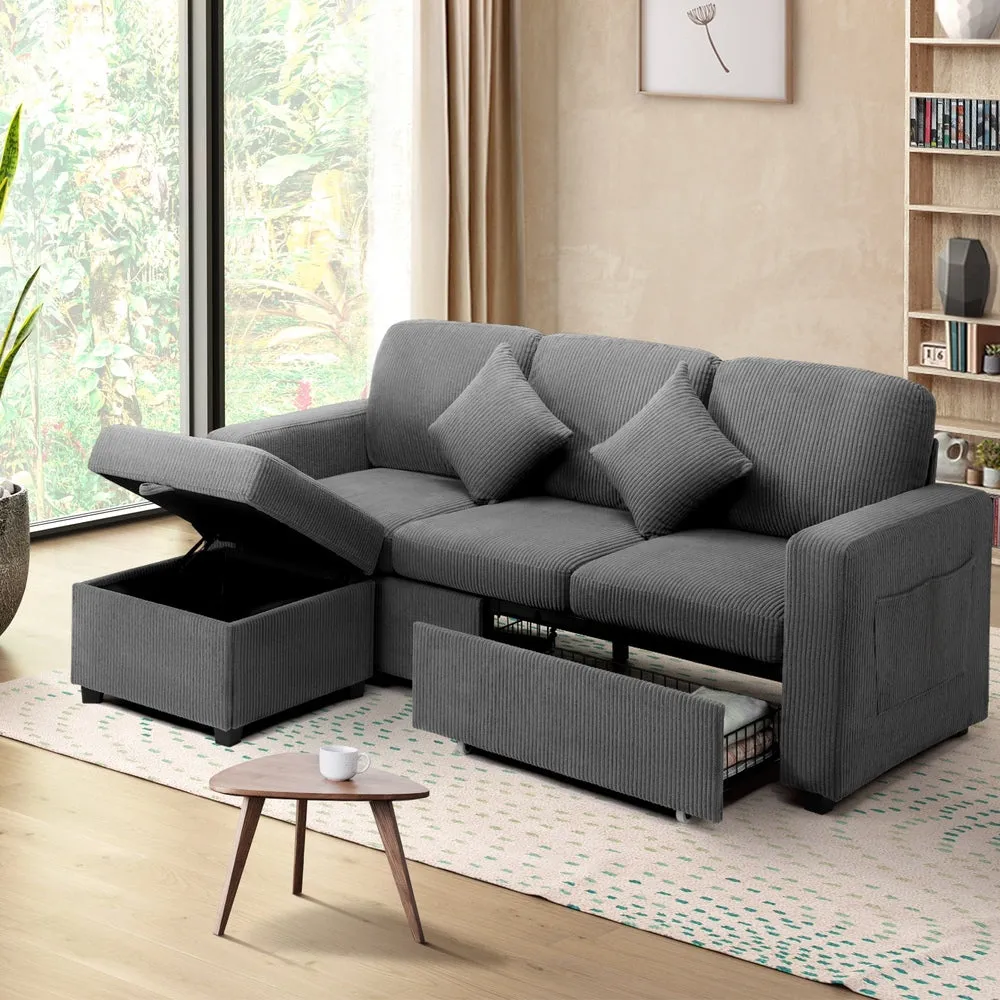 ITALI 3 Seater Sofa Modular Couch Drawers Ottoman Velvet