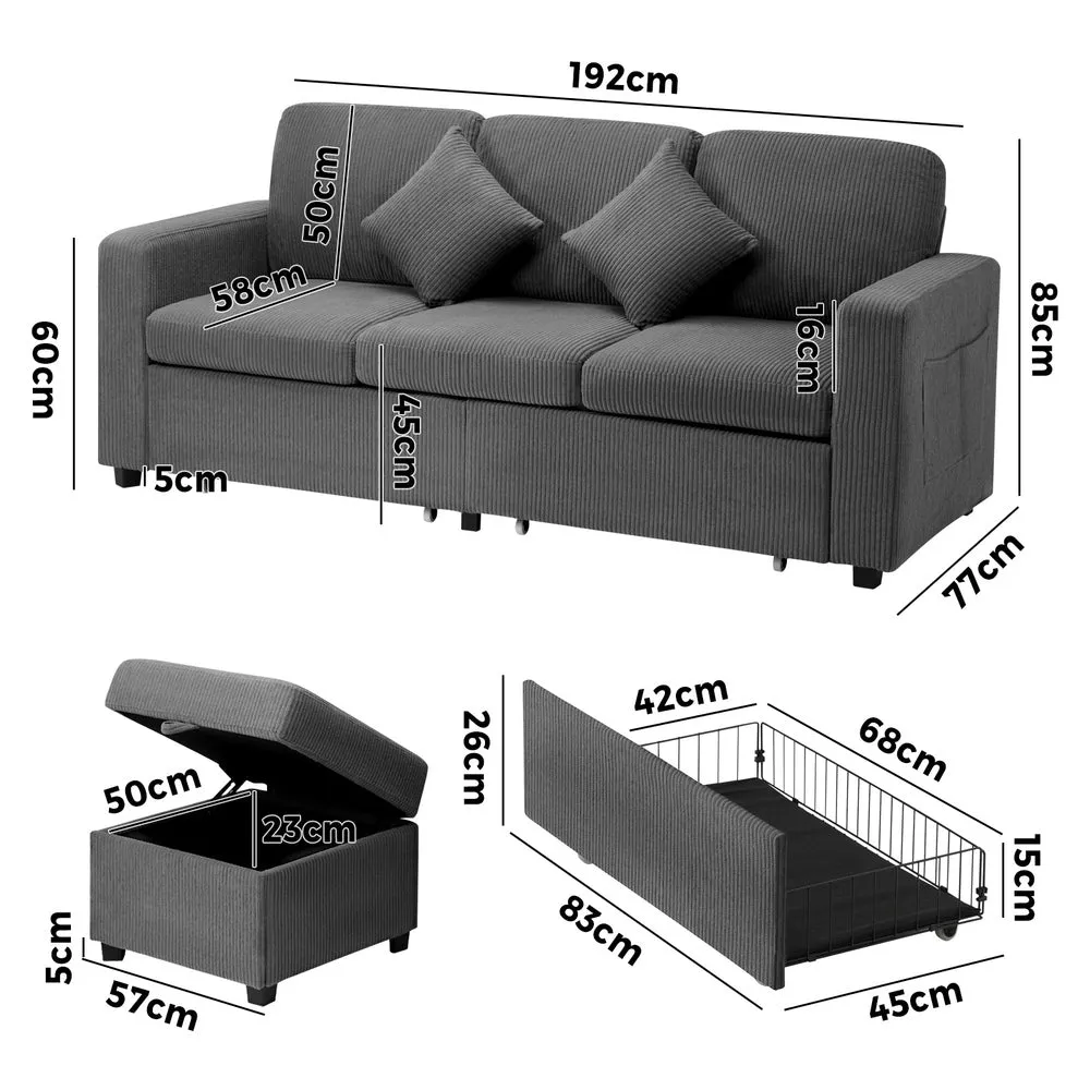 ITALI 3 Seater Sofa Modular Couch Drawers Ottoman Velvet