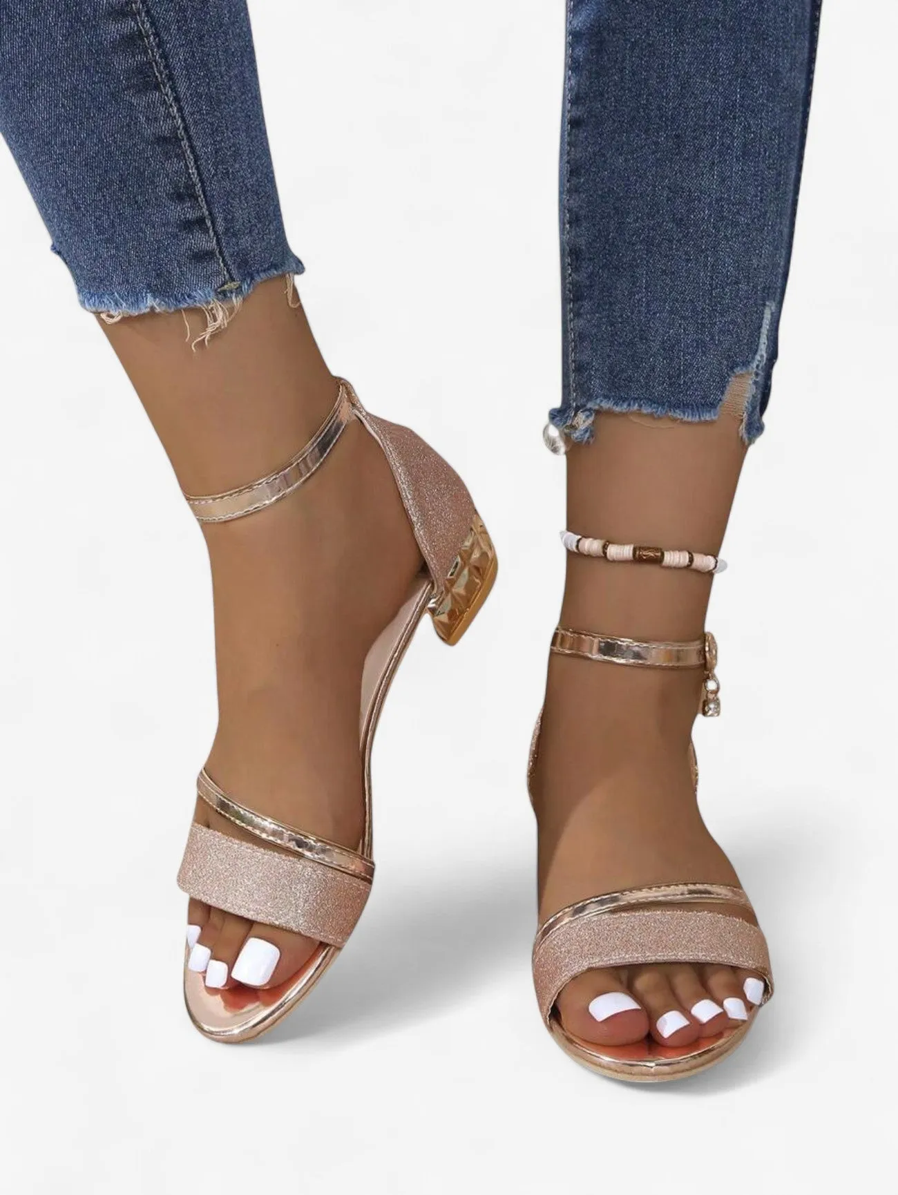 Jada | Women's Elegant Glitter Ankle Strap Low Block Heel Sandals