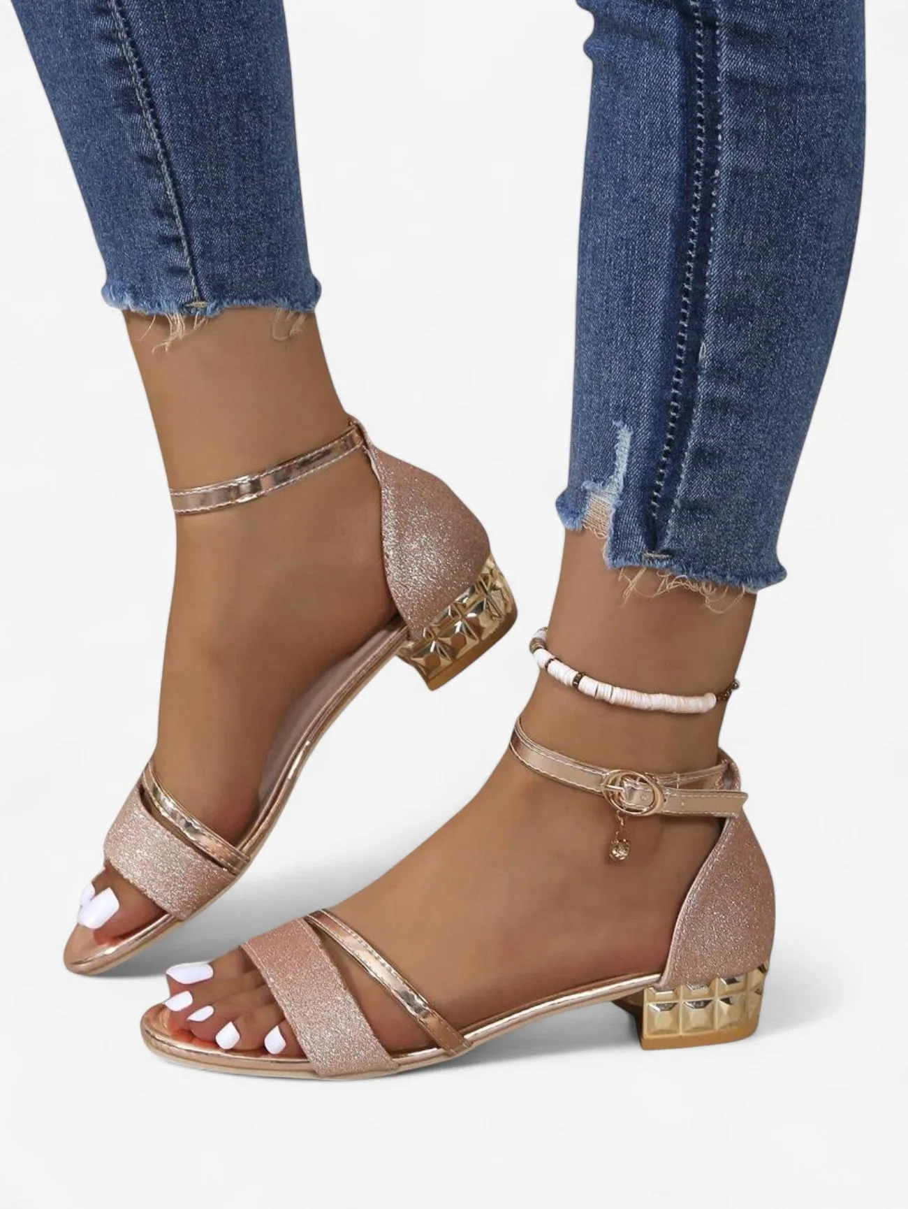 Jada | Women's Elegant Glitter Ankle Strap Low Block Heel Sandals