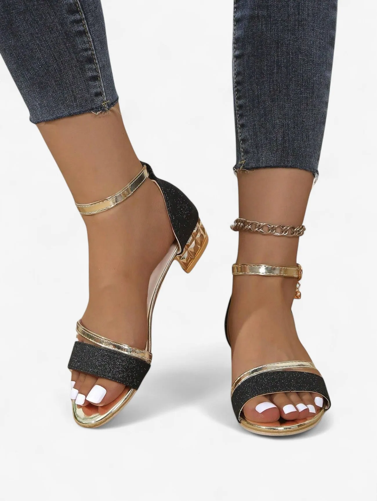 Jada | Women's Elegant Glitter Ankle Strap Low Block Heel Sandals