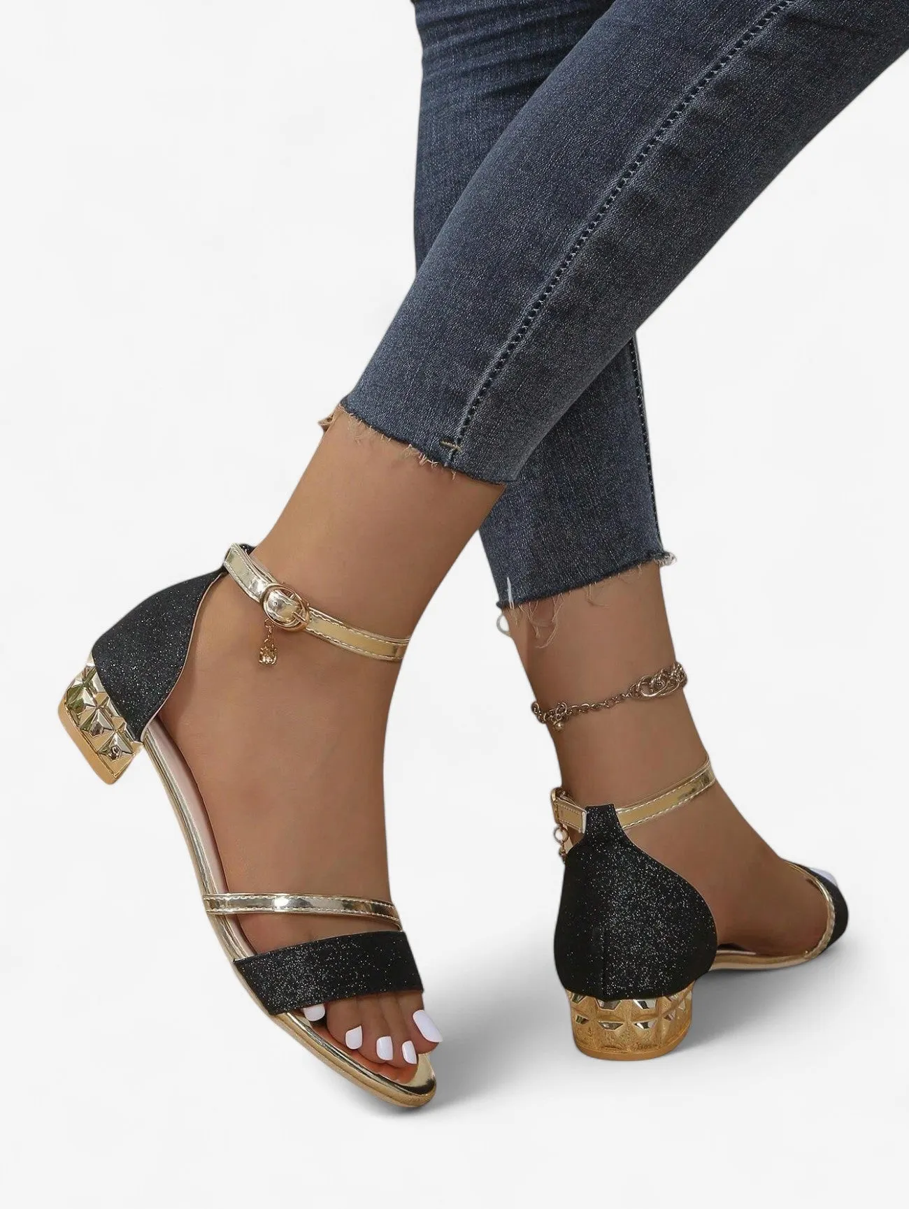 Jada | Women's Elegant Glitter Ankle Strap Low Block Heel Sandals