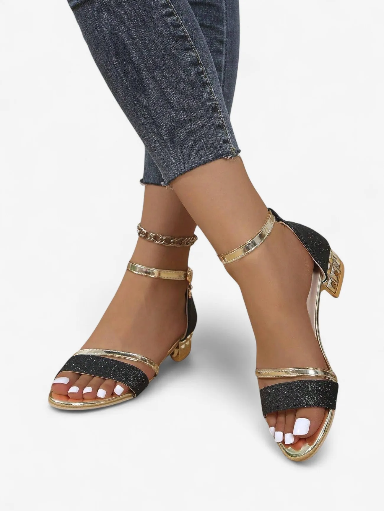 Jada | Women's Elegant Glitter Ankle Strap Low Block Heel Sandals