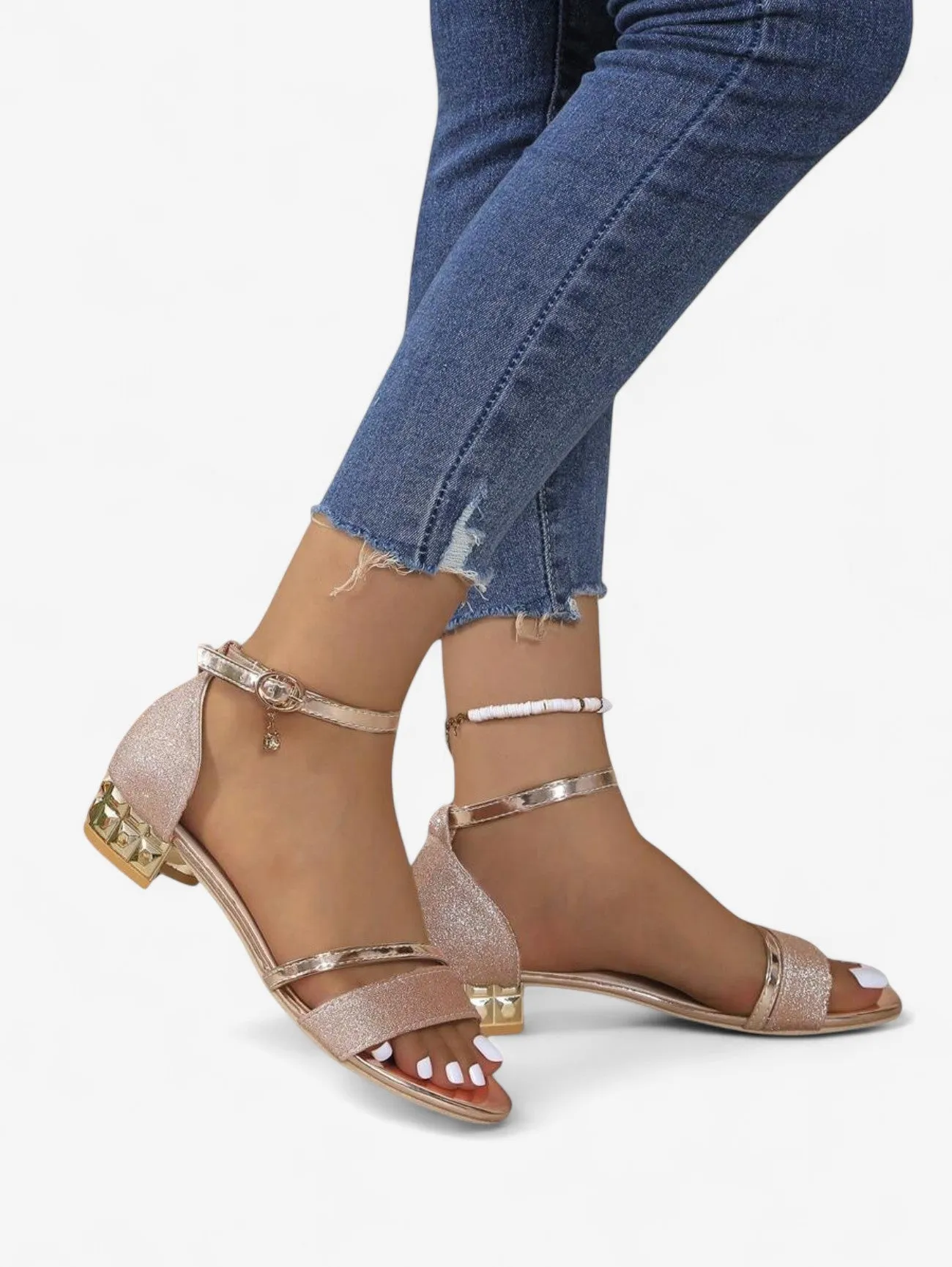 Jada | Women's Elegant Glitter Ankle Strap Low Block Heel Sandals